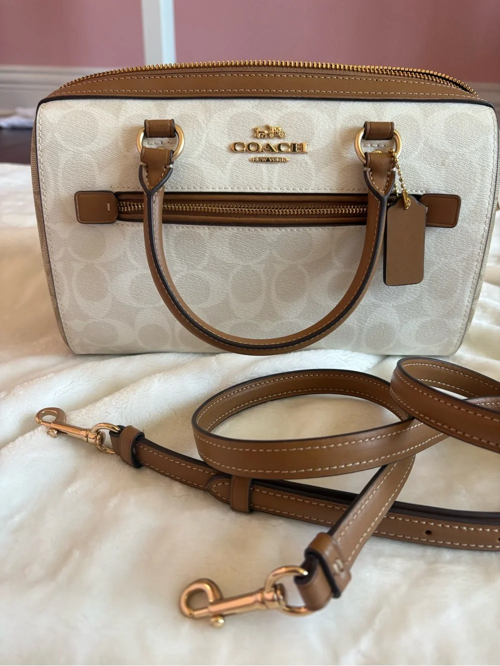 Coach Rowan Cream Signature Canvas Crossbody with Tan Leather Trim